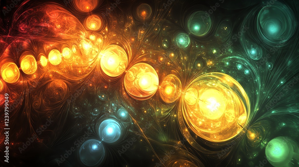 Poster colorful abstract design with glowing spheres and swirling patterns reminiscent of cosmic phenomena