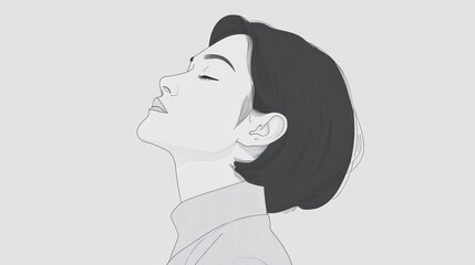 Serene woman with short hair, eyes closed, head tilted back, minimalist style illustration.