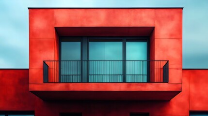 Obraz premium A red building with a balcony and a large window