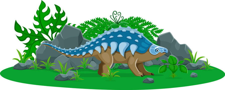 Panoplosaurus prehistoric dinosaur cartoon character. Isolated vector blue and brown well-armored herbivore dino lizard with spikes, standing beside rocks and plants in a prehistoric nature landscape