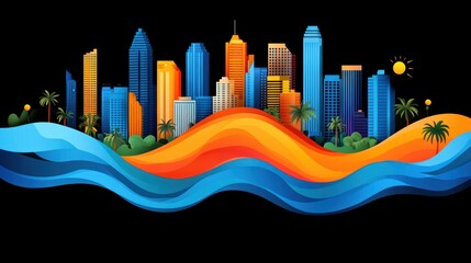 Vibrant cityscape skyline on a wave, palm trees, sun.