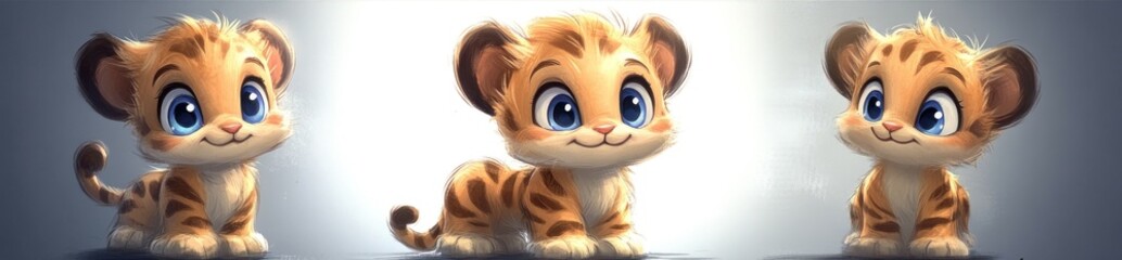 Obraz premium Three adorable cartoon tiger cubs in different poses.