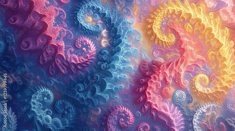 Poster colorful fractal design with swirling shapes and patterns resembling seashells in vibrant hues of bl