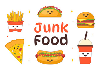 Junk Food Vector Illustration featuring Fast Food Meals such as French Fries, Pizza, Fried Chicken, and Hamburgers in a Flat Style Cartoon Background