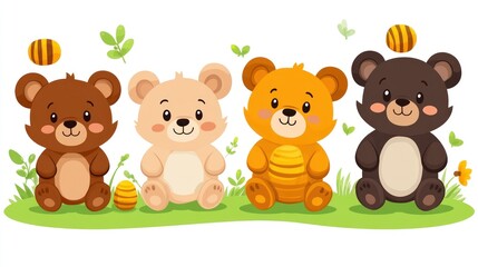 Four adorable cartoon bear cubs sitting in grass with honeycombs.
