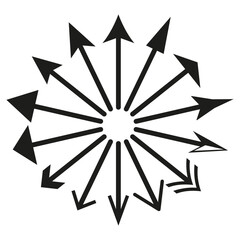 Circular arrows illustration. Outward directional symbols. Black geometric pointers. Vector icon design.