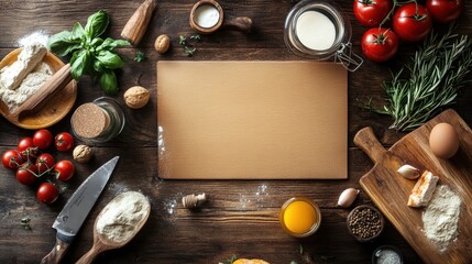 Rustic kitchen countertop filled with fresh ingredients and baking essentials for preparing a delicious meal. Generative AI