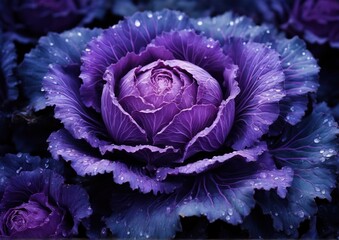Obraz premium Macro Shot of a Cabbage in Bloom with Water Droplets. Nature's Elegance and Freshness. For Health and Wellness Brands. For Environmental Campaigns and Editorial Use