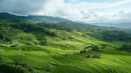 Fototapeta premium Lush Green Rice Terraces Under Partly Cloudy Sky
