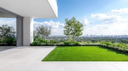 Modern penthouse patio garden, city view, sunny day, real estate