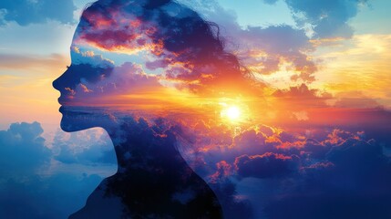 Woman's silhouette merges with vibrant sunset sky, symbolizing inner peace and freedom.