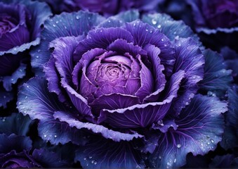 Obraz premium Macro Shot of a Red Cabbage in Bloom with Water Droplets. Nature's Elegance and Freshness. For Health and Wellness Brands. For Environmental Campaigns and Editorial Use