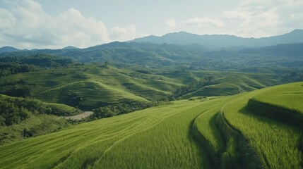 Aerial View Of Lush Green Rice Terraces And Mountains Under A Sunny Sky