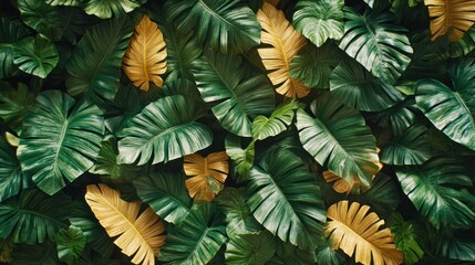 Lush green and gold tropical leaves background.