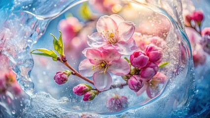 Pastel pink petals, encased in ice, create a stunning frozen floral masterpiece, nature's ephemeral art.