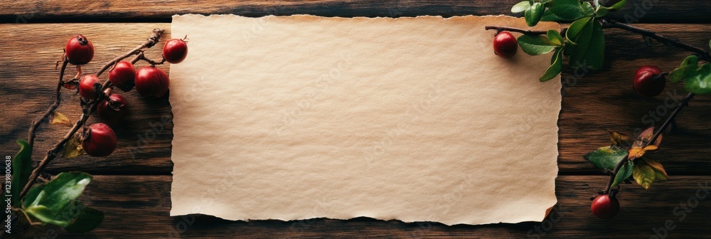 Aufkleber rustic blank paper surrounded by red berries and green leaves on wooden table surface in warm lighti