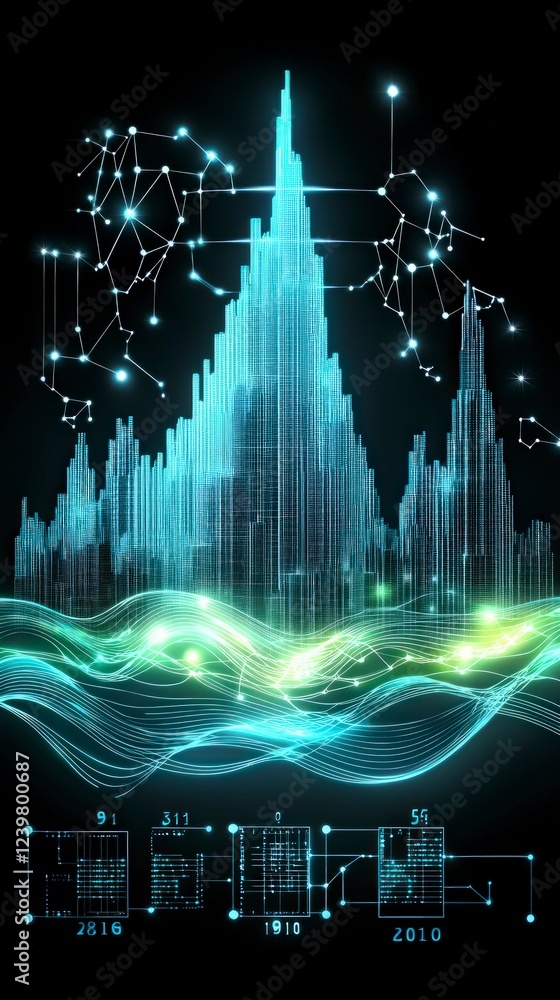 Poster futuristic cityscape digital data network abstract waves technology background