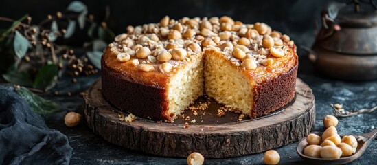 Delicious Macadamia Nut Cake on Rustic Wooden Board