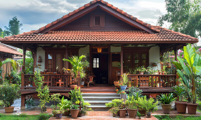 Obraz premium Homely Timber House with a Balcony, Potted Plants, and a Cozy Atmosphere for Relaxed Living