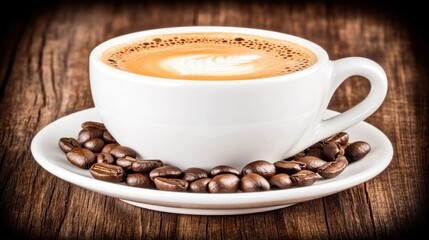 Latte art in white cup on saucer with coffee beans.