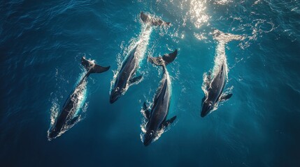 Naklejka premium Aerial view of four humpback whales swimming together in the ocean.