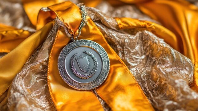 Silver medal with golden ribbon on fabric.