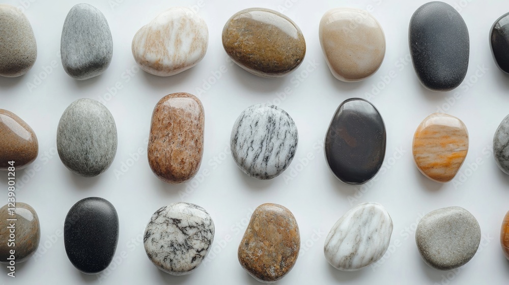 Poster smooth stones arranged in a grid pattern on white