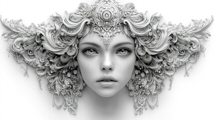 Intricate sculpted female face adorned with ornate crown and floral details.