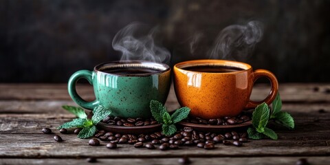 Fototapeta premium Two steaming cups of coffee on a rustic wooden table, surrounded by coffee beans and fresh mint leaves. A perfect morning brew.