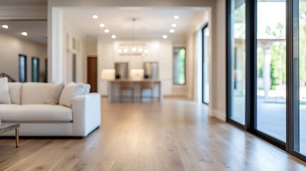 Blurred interior design of modern luxury home with hardwood floor and large window. Concept of contemporary living