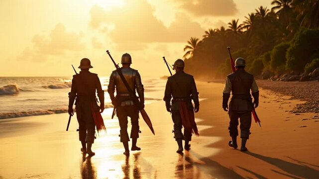 Four European explorers walk along a golden beach at sunset, their armor glinting under the fading light. The scene evokes the spirit of maritime exploration, conquest, and the dawn of a new era.