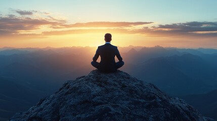 Obraz premium Businessman Contemplating at Sunrise atop Mountain Peak
