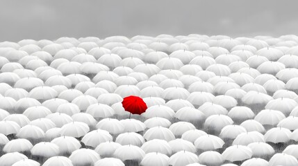 Set of White Umbrellas with One Red One in the Middle, Abstract Image, Texture, Pattern Background, Wallpaper, Cover and Screen of Smartphone, PC, Laptop, 9:16 and 16:9 Format
