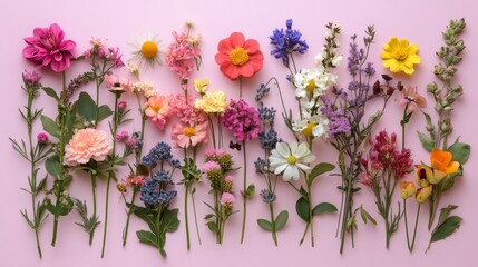 Fototapeta premium A vibrant collection of colorful wildflowers arranged on pink