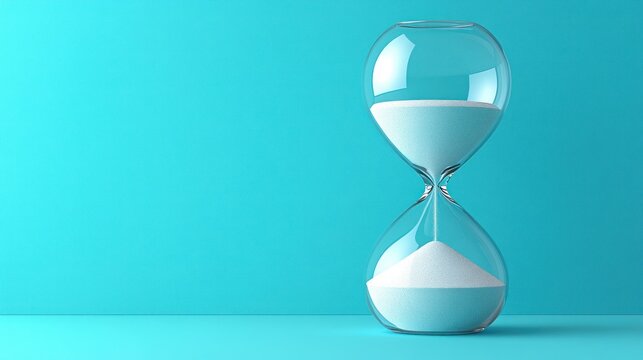 Hourglass with white sand against a teal background.