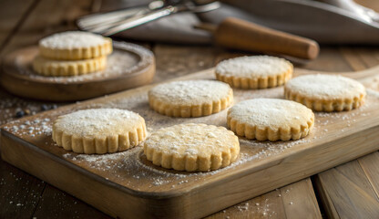 Powdered sugar shortbread cookies on wooden board
