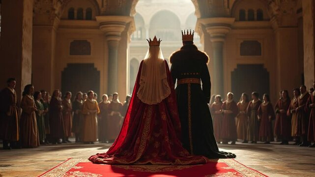 A king and queen stand regally in a grand palace hall, surrounded by courtiers in elegant medieval attire. 