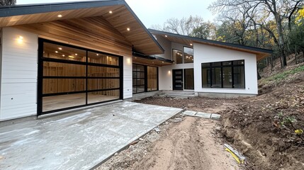 Modern house under construction with large glass doors and wooden accents.