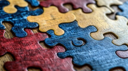 Close-up of interconnected red, blue, and yellow wooden jigsaw puzzle pieces on a wooden surface.