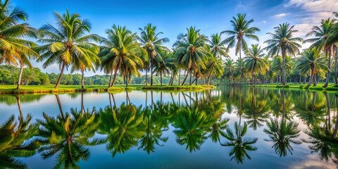 Majestic Coconut Trees Reflected in Serene Lake at Eco Park