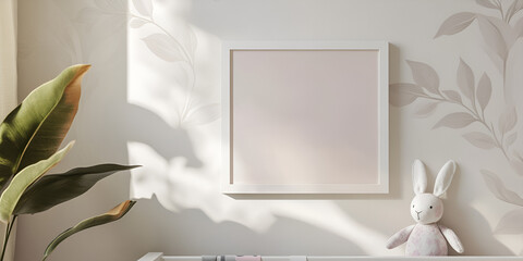 Pastel Nursery Mockup: A sunlit nursery scene features a blank white square frame, perfect for showcasing your designs.
