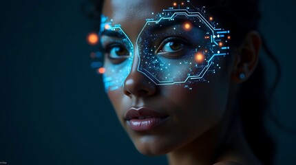 A futuristic concept of artificial intelligence and facial recognition featuring a young woman with glowing augmented reality holographic interface technology scanning her face in a cyber environment
