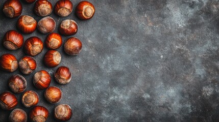 Hazelnuts arranged on dark background with copy space.