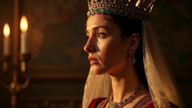 A queen sits in a dimly lit chamber, her crown reflecting the warm glow of candlelight. 