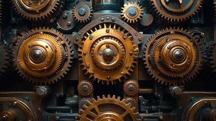 Intricate clockwork gears mechanism, bronze and steel, detailed close-up.