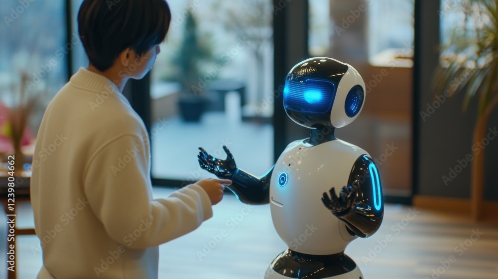 Poster humanoid robot interacting with a person in modern setting