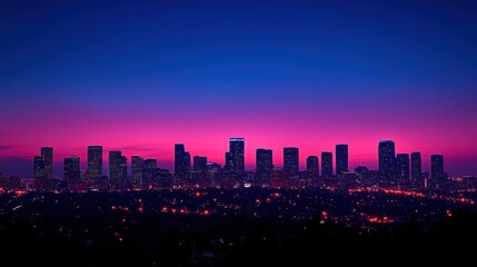 Obraz premium City skyline at twilight, purple and blue hues.