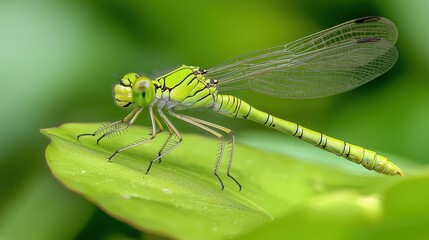 Vibrant Green Damselfly On Leaf Close Up