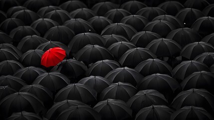 Set of Black Umbrellas with a Red One in the Middle, Abstract Image, Texture, Pattern Background, Wallpaper, Cover and Screen of Smartphone, PC, Laptop, 9:16 and 16:9 Format