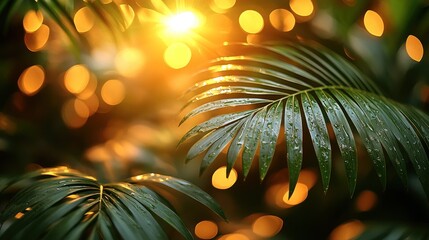 Lush green palm leaves with water droplets, backlit by warm golden bokeh lights.